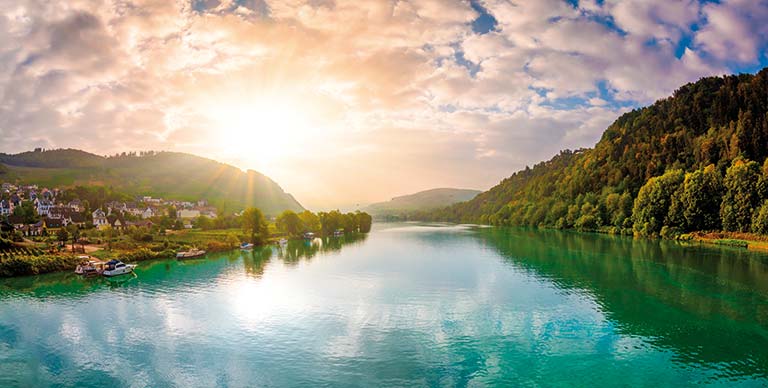 A view down the Moselle River, as the sun rises